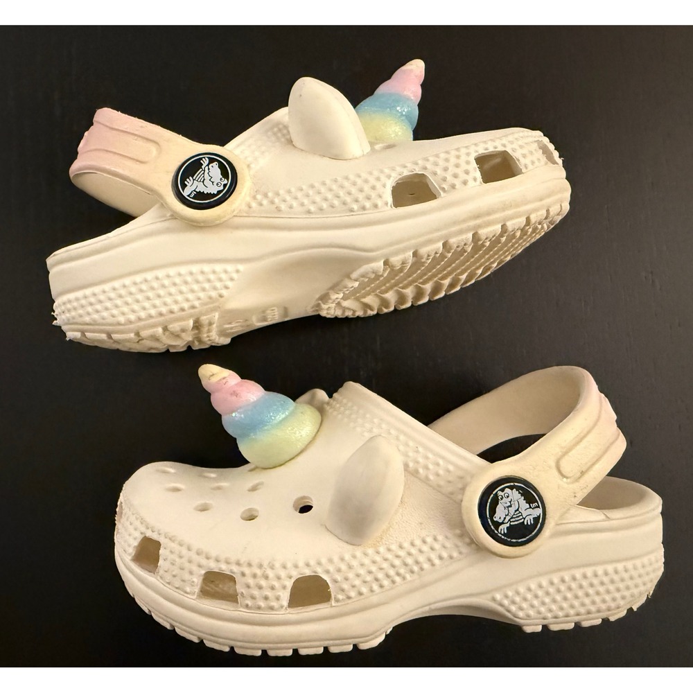 CROCS Toddler Unicorn Rainbow Clogs Size C7 White Comfort Slip-On Heel Strap